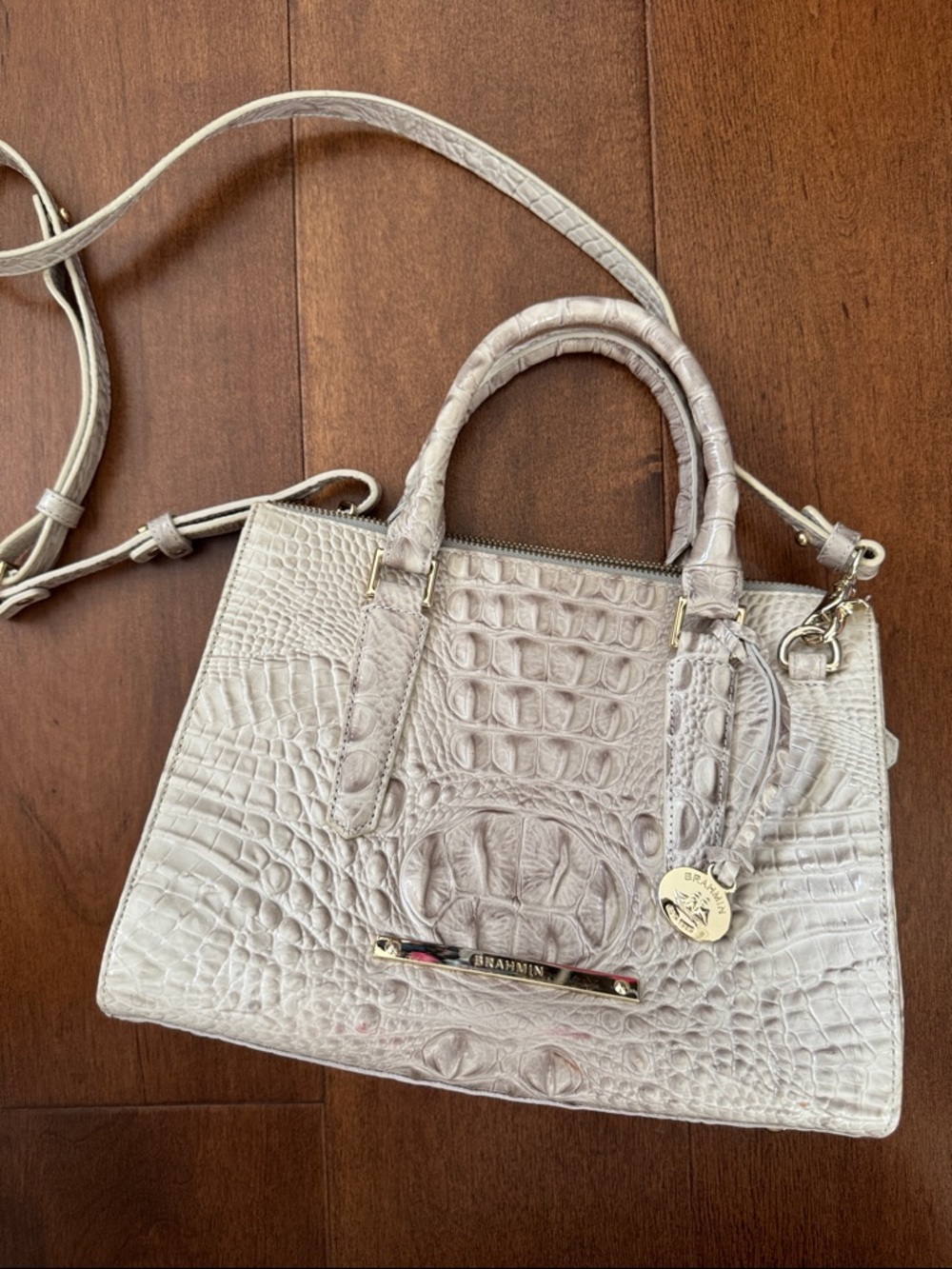 Brahmin Anywhere Convertible Structured Croc-Embossed Satchel in Taupe